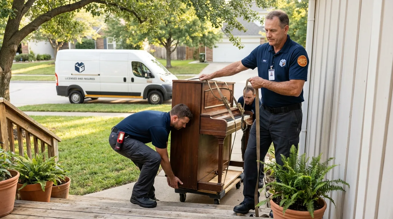 Licensed piano movers securing grand piano in Erath, LA