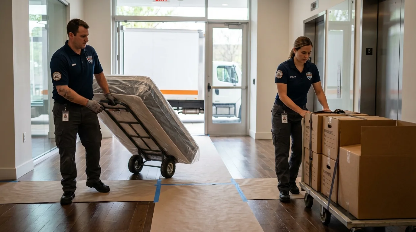 Professional apartment movers loading elevator in Erath, LA